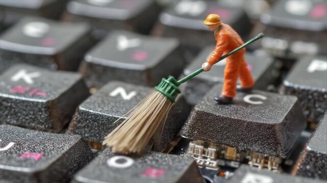 Miniature figure cleaning keyboard keys representing data management