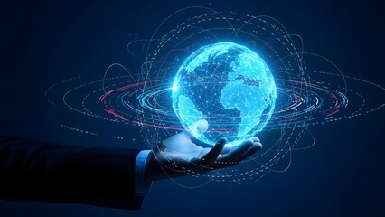 Human hand holding a glowing blue Earth globe with futuristic digital network connections