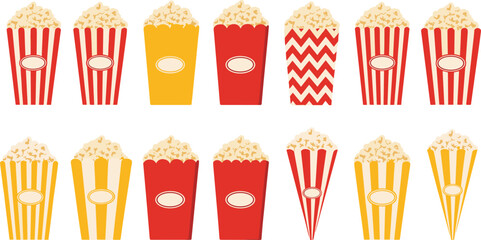 Cinema popcorn boxes collection vector illustration with striped takeaway containers in various shapes and colors isolated on white background © Prodip