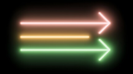 Two Neon Right Direction Arrow Icons Set in Green and Pink colors on Dark Background, Glowing Direction Symbols