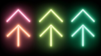 Neon Up Arrow Icons Set in different colors on Dark Background, Glowing Direction Symbols
