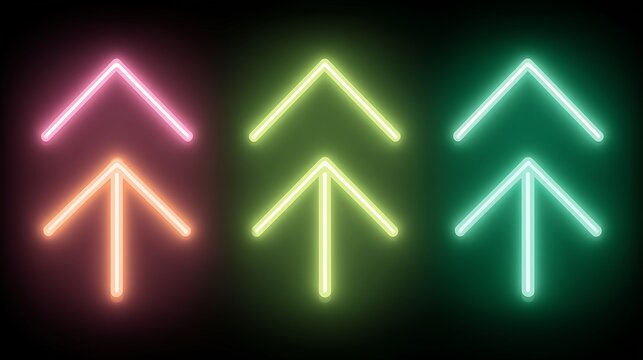 Neon Up Arrow Icons Set in different colors on Dark Background, Glowing Direction Symbols - Powered by Adobe