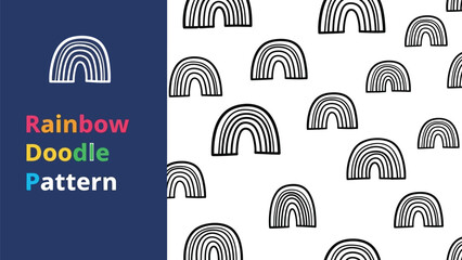 Black outline doodle rainbow seamless pattern