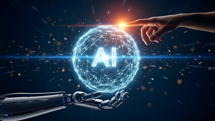 Human and Robot Hands Connecting to Glowing AI Sphere in Dark Futuristic Background
