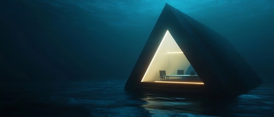 Mysterious illuminated futuristic triangle structure submerged deep underwater high resolution image