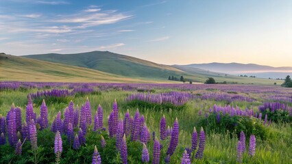Purple mauve lupine flowers carpeting open field, serene natural backdrop, environmental awareness theme