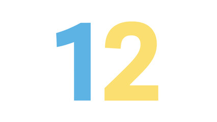 Number 12, Bright Blue and Yellow, Clean White Background