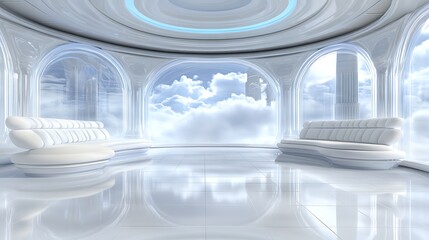 Futuristic white room with arched windows looking at clouds high resolution image