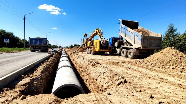 Road Construction with Pipe Laying - This video shows a road construction scene with a long trench dug for laying concrete pipes.