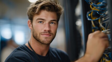 A technician in a busy server room meticulously organizing and labeling a network of cables, highlighting the importance of proper management in maintaining efficient technology infrastructure.