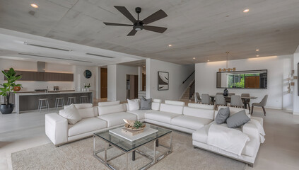 Spacious open-plan living area with modern kitchen and dining space