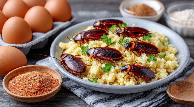 Cooking area reveals pest presence amidst eggs and spices during morning meal preparation