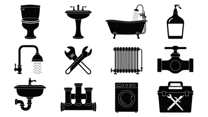 A set of 12 black and white plumbing and bathroom icons arranged in a 3x4 grid.