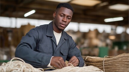 An industrial worker carefully inspecting long, coiled cables in a warehouse setting, emphasizing the meticulous attention required for quality control in manufacturing and supply chain processes.