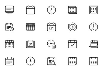 Calendar and Time Icon Set. Flat Vector Calendar Symbols and Clocks. Thin outline icons pack. Vector illustration