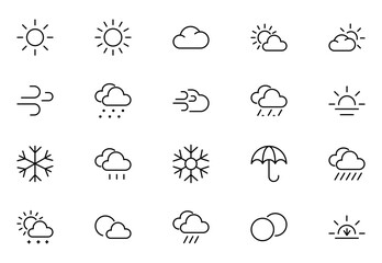 Weather Line Icons Set. Sun, Rain, Snow, Clouds, Storms, And More. Perfect For Forecasts, Apps, Websites. Thin outline icons pack. Vector illustration