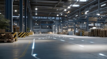 A warehouse interior double-exposed with glowing AI pathfinding lines, symbolizing smart logistics, automation, and efficiency optimization. cinematic color correction, natural uneven lighting yet