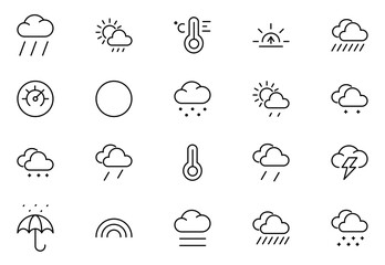 Weather Line Icons Set. Sun, Rain, Snow, Clouds, Storms, And More. Perfect For Forecasts, Apps, Websites. Thin outline icons pack. Vector illustration