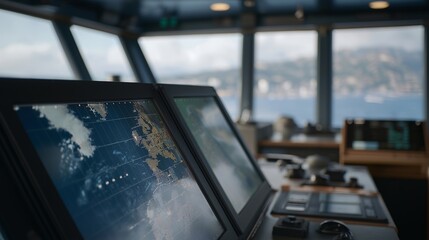 Maritime radar screen aboard a ship displaying nearby vessels and coastlines, representing navigation safety and collision avoidance at sea. cinematic color correction, natural uneven lighting yet