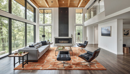 Spacious modern living room with large windows and a fireplace, AI generated image