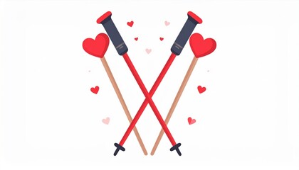 Two Crossed Ski Poles with Red Heart Shaped Toppers on White Background