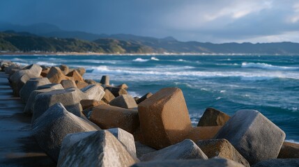 A coastal levee topped with wave-dissipating concrete blocks, storm clouds forming offshore as emergency crews prepare for potential surge conditions. cinematic color correction, natural uneven