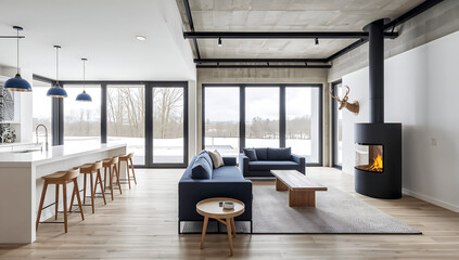 Modern open-plan living space with kitchen island and fireplace, overlooking a snowy landscape