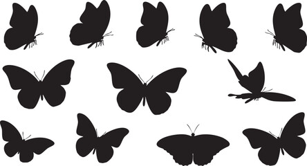Naklejka premium Black silhouette butterflies in various poses on white background nature