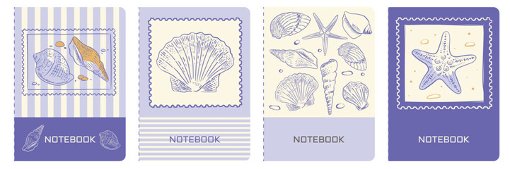 Cover page templates notebook. Marine Seashell and stamps. Versatile layouts with retro image in vintage colors. For notebooks, planners, brochures. Vector set.