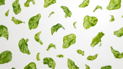 Fototapeta premium Green lettuce leaves floating in the air against a white background.