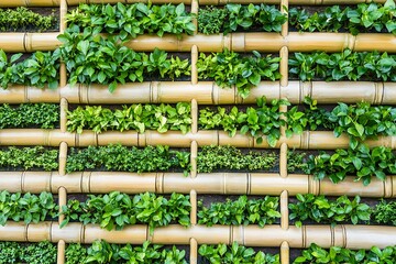 Green plants in bamboo vertical garden wall background high resolution image