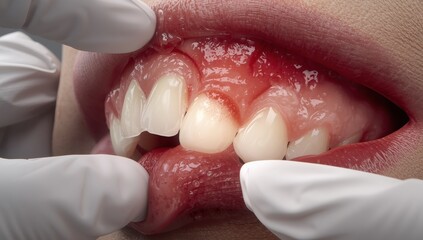 Inflamed gums close up, dental disease and gum infection oral health problem