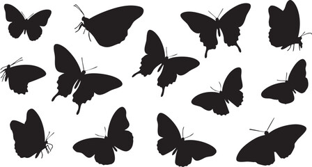 Black silhouette butterflies with antennae on white background 1