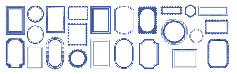 Doodle frame set, vector hand drawn stamp border, vintage abstract wavy post stamp simple design. Blue decorative rectangle label, empty banner shape collection. Coastal retro postmark doodle frame