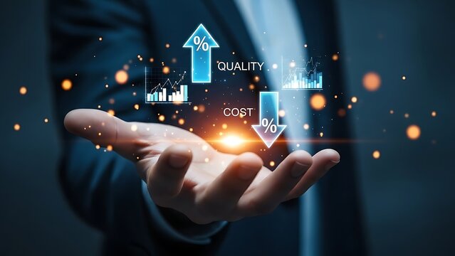 Business optimization concept showing a hand presenting symbols for increasing quality and decreasing costs for efficiency.