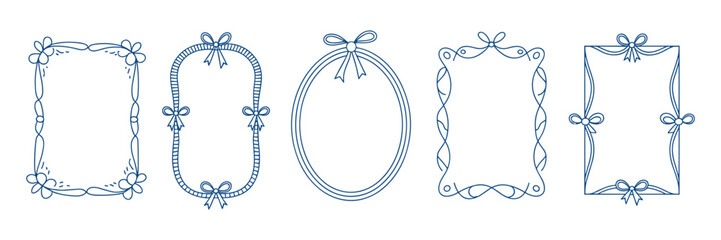 Wedding ribbon frame, doodle watercolor bow border set, vector hand drawn holiday invitation design. Coquettish girly wavy line print, birthday greeting minimalist cute decor. Elegant ribbon frame