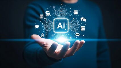 Futuristic artificial intelligence concept with person holding a glowing blue AI processor chip and circuit board nodes for machine learning