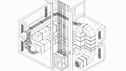 Technical Isometric Illustration of Building HVAC Ductwork and Elevator Core Systems