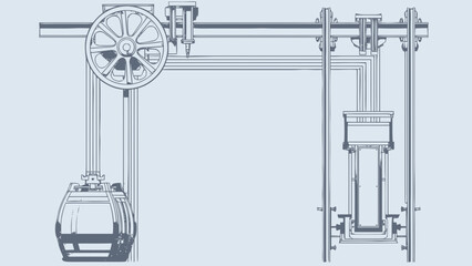 Technical Drawing of a Cable Car Pulley System and Passenger Cabin Mechanism