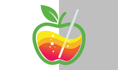 Colorful apple juice logo icon with leaf and straw on split background