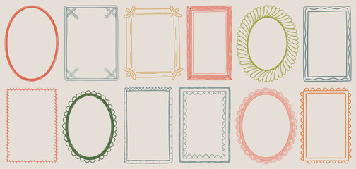 Cute wavy wedding frame, vector hand drawn oval vintage border set. Coquettish celebration design. Elegant classic line decoration background, simple postcard decor. Whimsical invitation frame set.