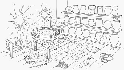Pottery studio with a messy spinning wheel and shelves of finished pots
