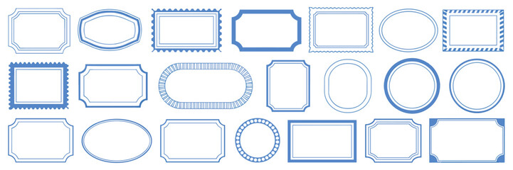 Doodle frame set, vector hand drawn stamp border, vintage abstract wavy post stamp simple design. Blue decorative rectangle label, empty banner shape collection. Coastal retro postmark doodle frame