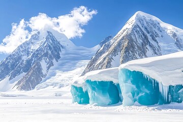 Majestic snow-covered mountains with blue ice formations under clear sky high resolution image