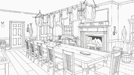 Fototapeta premium Charming Rustic Dining Room Interior Sketch with Fireplace and Drying Laundry Line Art