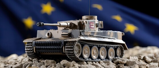 View of toy tank on background of European flag symbolizing war and conflict or chance for peace, featuring sharp details and natural light