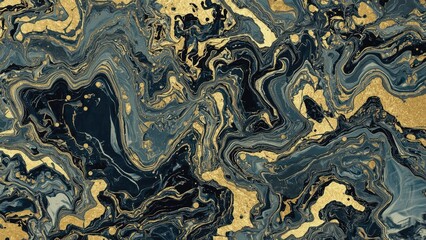 Swirling abstract pattern with black, gold, and blue tones.