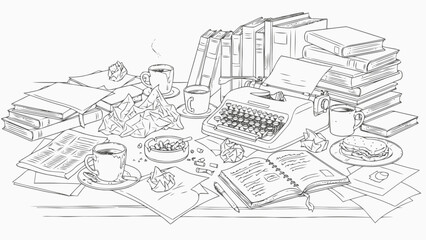 Obraz premium Vintage writer's desk with typewriter and stacks of books