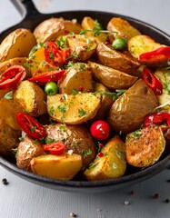 Roasted potatoes skillet with herbs and chili