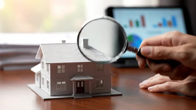 Home Inspection with Magnifying Glass and Data - A model house is examined with a magnifying glass, likely for inspection or appraisal purposes.